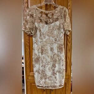 Adrianna Papell Gold and Cream Floral Sequined Dress